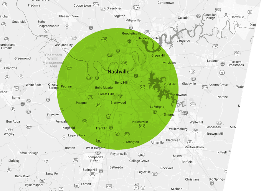Map of TN Roofing Concepts service areas | Franklin Roofing Contractors